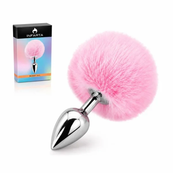Plug anal metálico con cola de conejo rosa